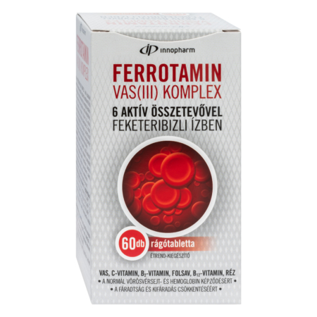 Innopharm Ferrotamin Vas (III) komplex rágótabletta 6 aktív összetevővel, feketeribizli ízben, édesítőszerrel 60x